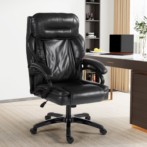 Leather Office Chair with Backrest Massager, Quiet Wheels & Foam/Doll Cotton Padding