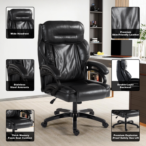 Leather Office Chair with Backrest Massager, Quiet Wheels & Foam/Doll Cotton Padding