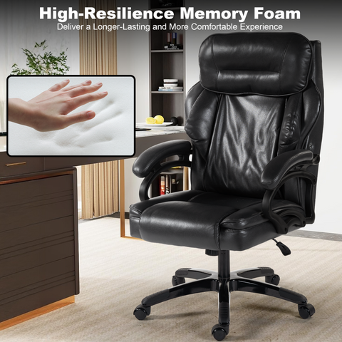 Leather Office Chair with Backrest Massager, Quiet Wheels & Foam/Doll Cotton Padding