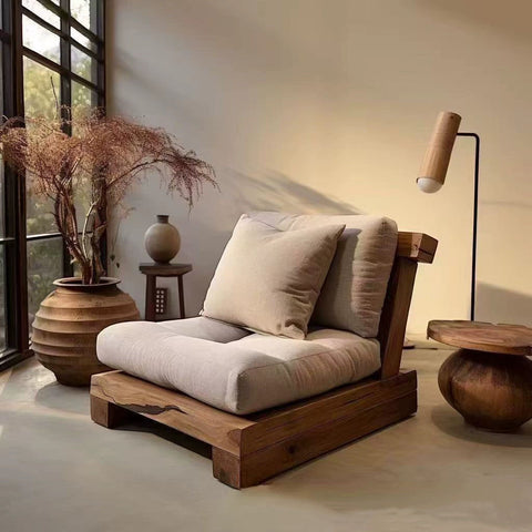 Wabi-Sabi Elm Wood Sofa Chair – Handcrafted Casual Seating