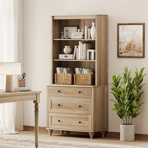 Rustic 72" Bookcase with Drawers & Open Shelving