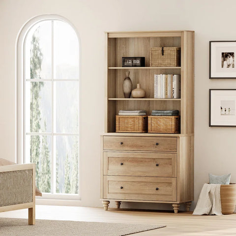 Rustic 72" Bookcase with Drawers & Open Shelving