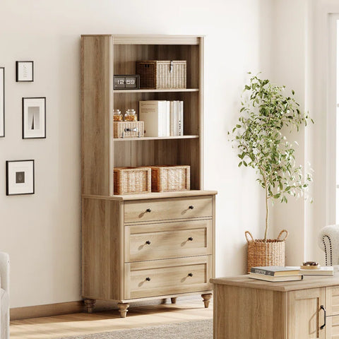 Rustic 72" Bookcase with Drawers & Open Shelving