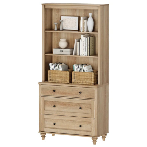 Rustic 72" Bookcase with Drawers & Open Shelving