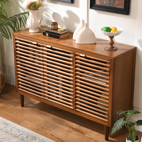 Suniya Triple-Door Storage Cabinet - Ventilated Slatted Doors In Walnut Grain