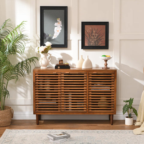 Suniya Triple-Door Storage Cabinet - Ventilated Slatted Doors In Walnut Grain