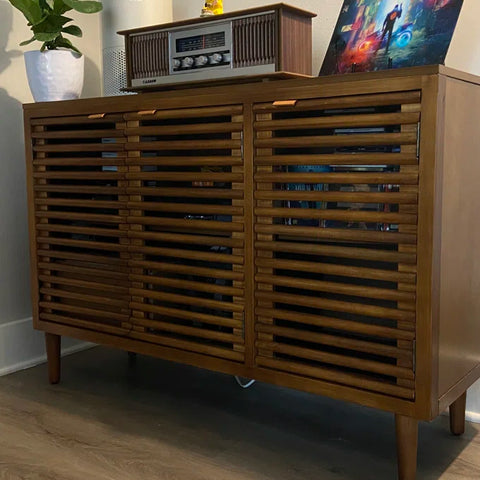Suniya Triple-Door Storage Cabinet - Ventilated Slatted Doors In Walnut Grain