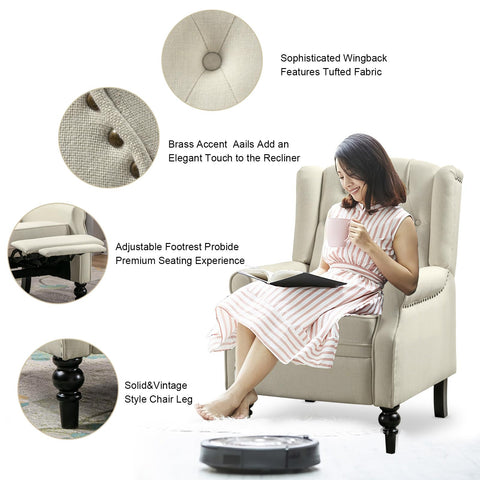 Classic Wingback Recliner Armchair - Soft Cream Fabric