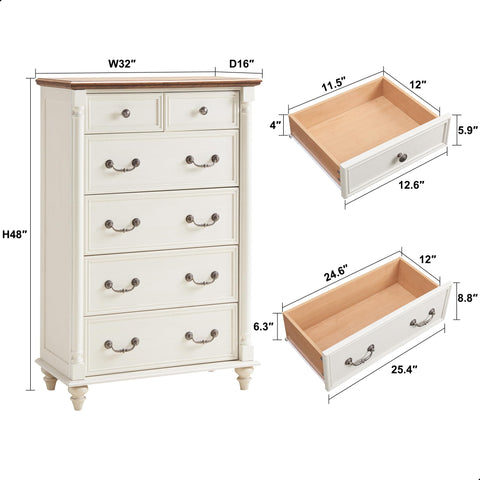 White Farmhouse 6 Drawers Dresser Chests for Bedroom