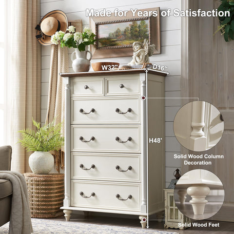 White Farmhouse 6 Drawers Dresser Chests for Bedroom