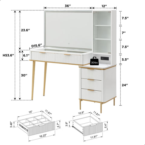 Miel Large White Fluted Makeup Vanity with Lights