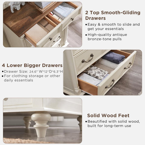 White Farmhouse 6 Drawers Dresser Chests for Bedroom