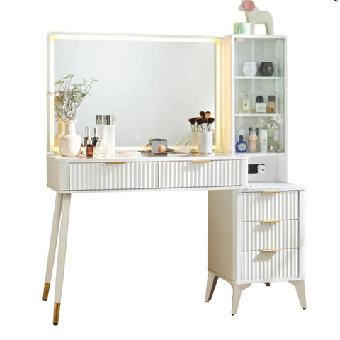 Miel Large White Fluted Makeup Vanity with Lights