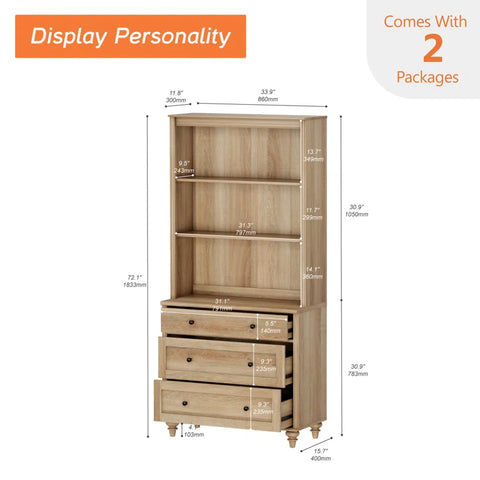 Rustic 72" Bookcase with Drawers & Open Shelving