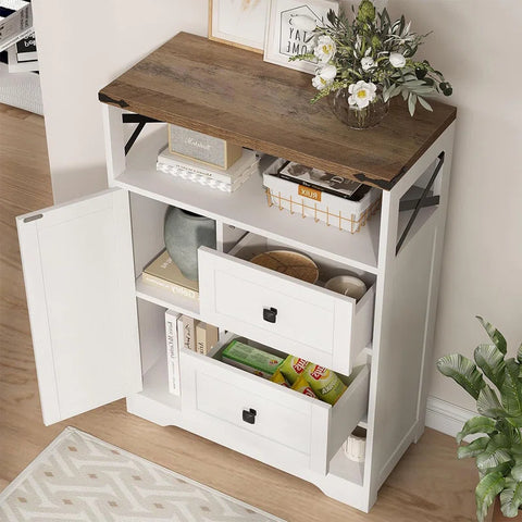 White Farmhouse Storage Cabinet - 2 Drawers & Shelves