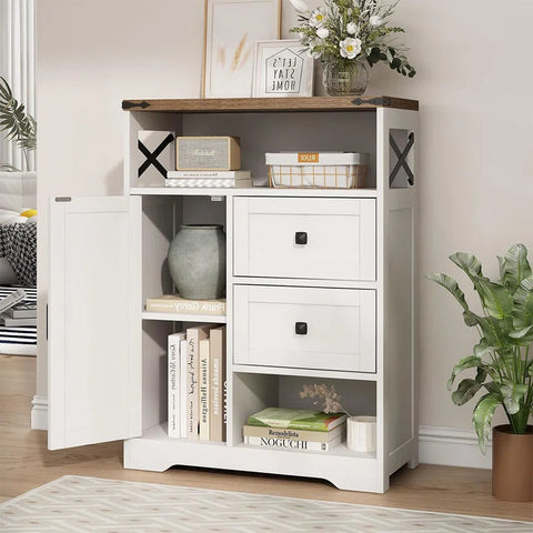 White Farmhouse Storage Cabinet - 2 Drawers & Shelves