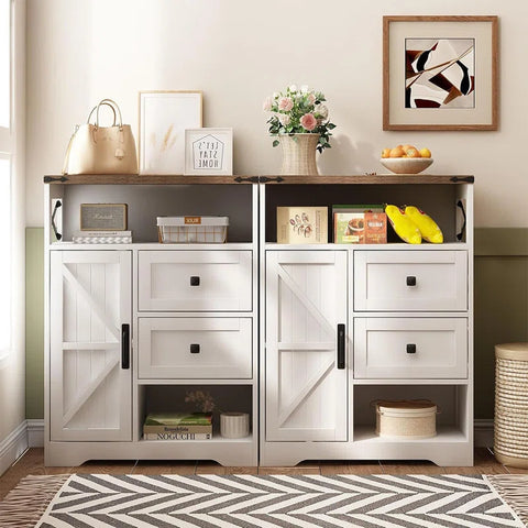 White Farmhouse Storage Cabinet - 2 Drawers & Shelves