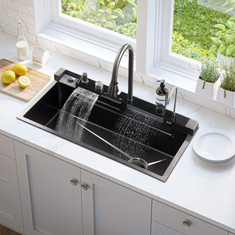 TTG GD 31.5" Stainless Steel Waterfall Kitchen Sink with Digital Display and Pressurized Cup Washer