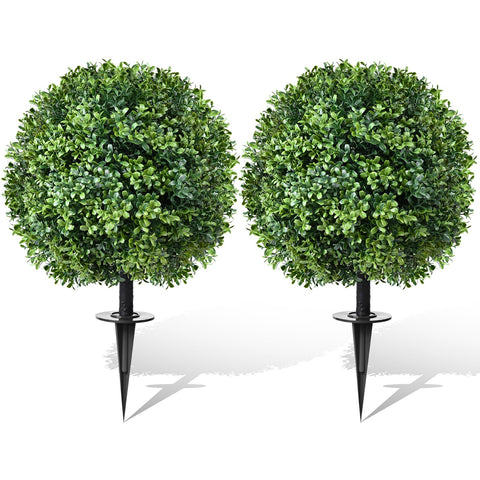 24'' Artificial Cedar Topiary Tree Boxwood Ball Bush with Ground Spike, UV Resistant Fake Bushes, Set of 2 Faux Cypress Fake Plants Faux Shrubs for Outdoor Indoor Front Porch Garden Decor