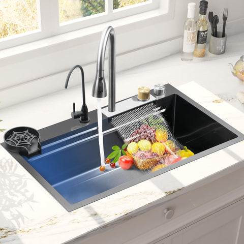 TTG PRM 29.5" Black Stainless Steel Waterfall Kitchen Sink with Pull-Out Faucet