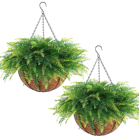 2 Set Artificial Hanging Fern Plants Outdoor Fake Hanging Ferns Planter, UV Resistant Faux Fern Plant Baskets for Outdoors Patio Garden Home Decor