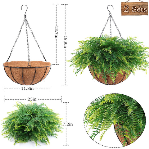 2 Set Artificial Hanging Fern Plants Outdoor Fake Hanging Ferns Planter, UV Resistant Faux Fern Plant Baskets for Outdoors Patio Garden Home Decor
