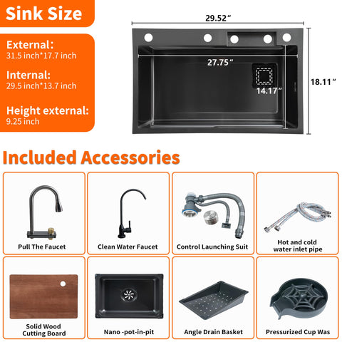 TTG PRM 29.5" Black Stainless Steel Waterfall Kitchen Sink with Pull-Out Faucet