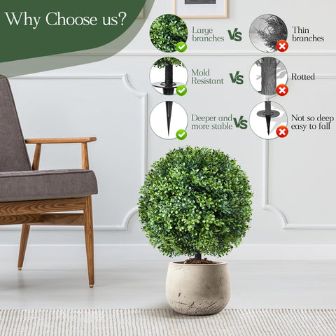 24'' Artificial Cedar Topiary Tree Boxwood Ball Bush with Ground Spike, UV Resistant Fake Bushes, Set of 2 Faux Cypress Fake Plants Faux Shrubs for Outdoor Indoor Front Porch Garden Decor