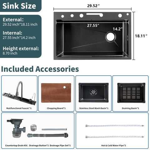 TTG GD 31.5" Stainless Steel Waterfall Kitchen Sink with Digital Display and Pressurized Cup Washer