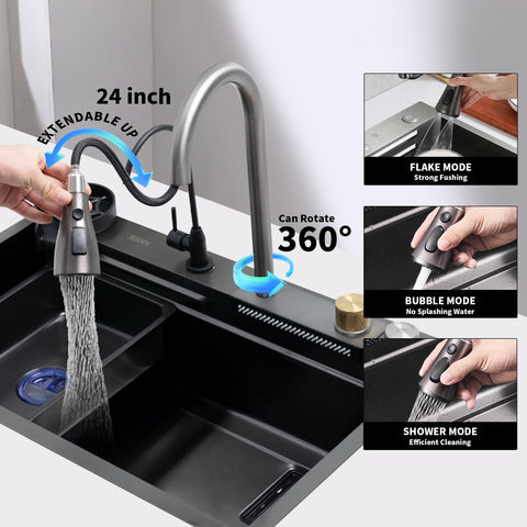 TTG PRM 29.5" Black Stainless Steel Waterfall Kitchen Sink with Pull-Out Faucet