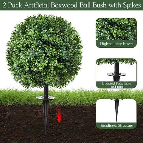 24'' Artificial Cedar Topiary Tree Boxwood Ball Bush with Ground Spike, UV Resistant Fake Bushes, Set of 2 Faux Cypress Fake Plants Faux Shrubs for Outdoor Indoor Front Porch Garden Decor