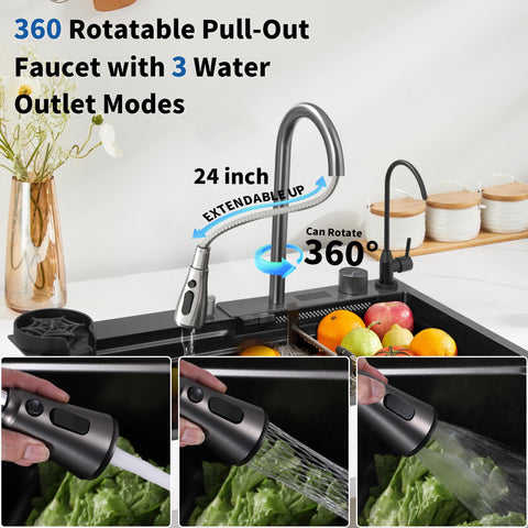 TTG G3 Drop-in Smart Waterfall Kitchen Sink with Digital Display and Pull-Out Faucet