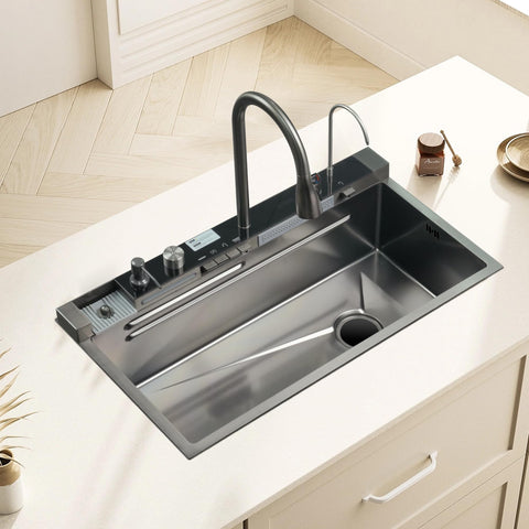 TTG GD 31.5" Stainless Steel Waterfall Kitchen Sink with Digital Display and Pressurized Cup Washer