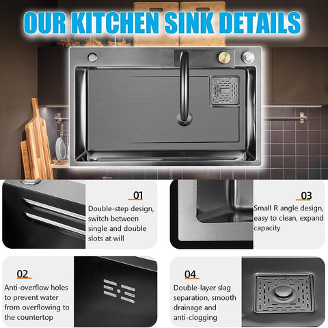 TTG PRM 29.5" Black Stainless Steel Waterfall Kitchen Sink with Pull-Out Faucet