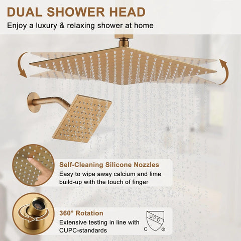 Rainfall Shower System, Wall Dual Big Shower Heads, 12 Inch Ceiling Mounted Shower Faucet Set